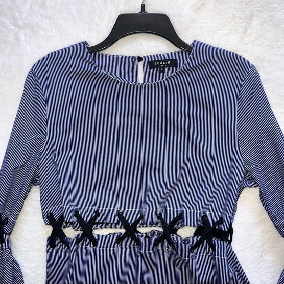 Beulah Blue Striped Lace Up Wide Sleeve Top Large - Picture 4 of 8